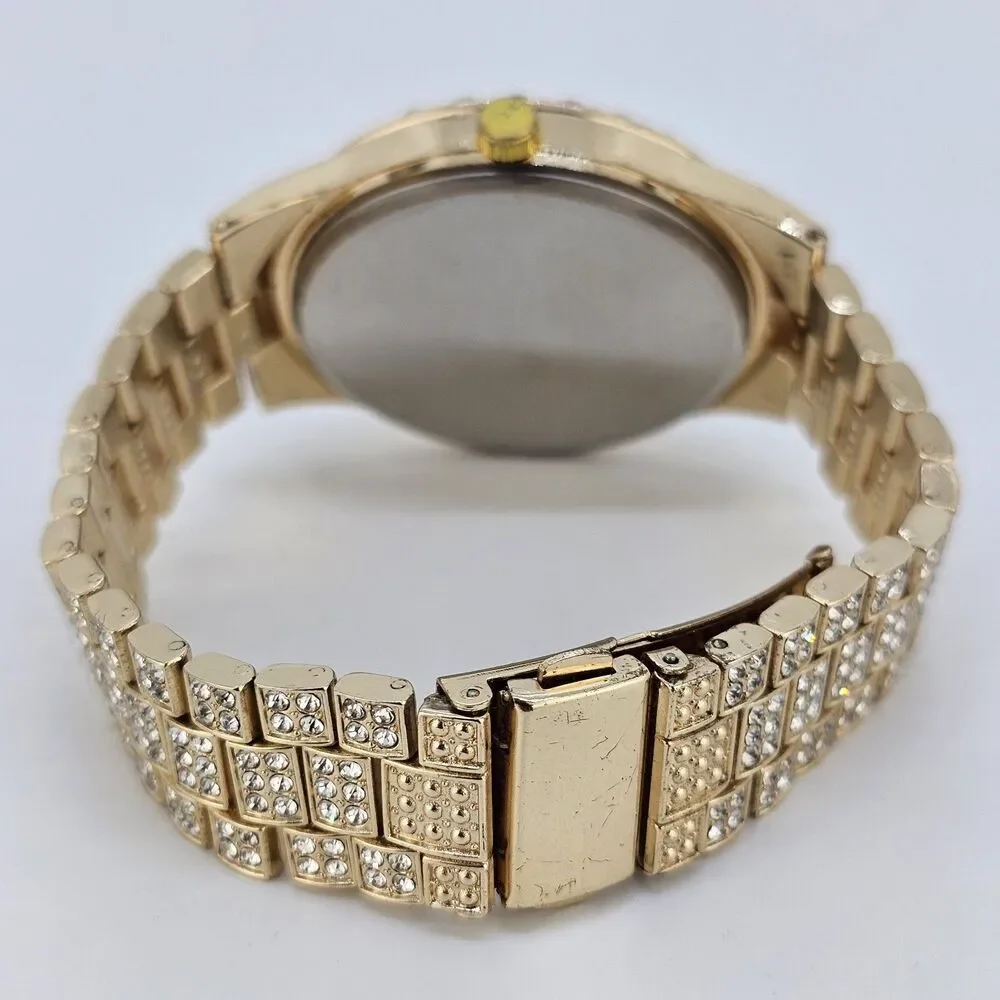Unisex Watch 42MM Crystal Bling Gold Case Gold Band Date 7.5